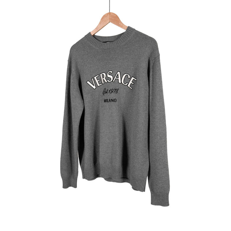 [중고명품비아르] [52] 베르사체 남성 밀라노 스티치 자수 로고 울 니트 스웨터 그레이 - Versace