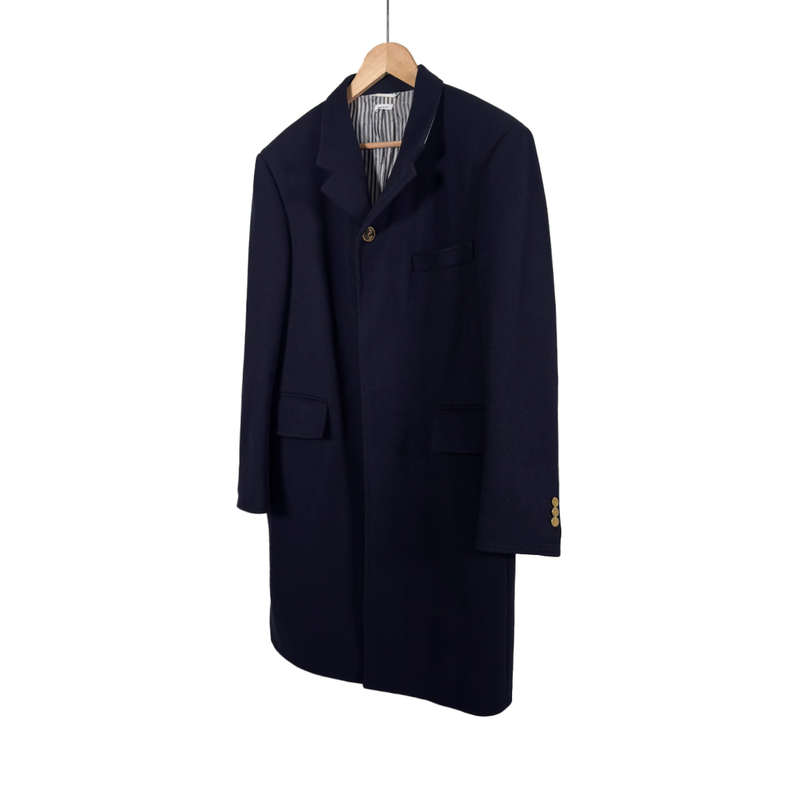 [중고명품비아르] [2사이즈] 톰브라운 체스트필드 멜튼 금장 버튼 사선 울 코트 네이비 - Thom Browne