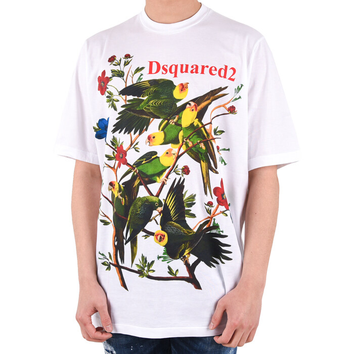 디스퀘어드2 남성 버드 프린팅 티셔츠 화이트 S71GD0753 - Dsquared2