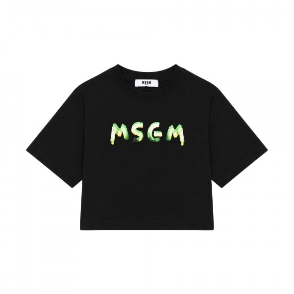 키즈 로고 페인팅 크롭 반팔 티셔츠 블랙 S6MSJGTH002 110 - MSGM