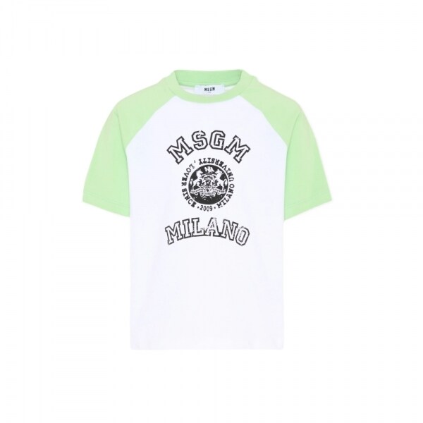 키즈 프린팅 래글런 티셔츠 화이트/파라다이스 그린 S6MSJBTH060 00177 - MSGM