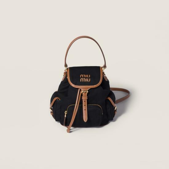26SS 미우미우 캔버스 앤 레더 백팩 5BZ043 2IBQ F0RS5 BLACK BRANDY DOM - Miu Miu