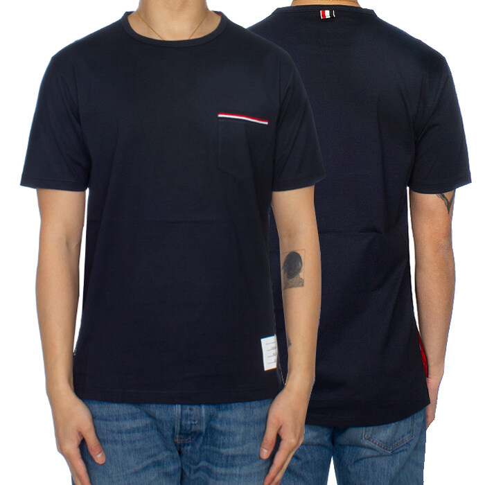 톰브라운 남성 삼선 포켓 티셔츠 네이비 MJS010A 01454 415 - Thom Browne