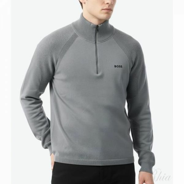 휴고보스 퍼폼 X 1 4 집 스웨터 50498525 251 로고 디테일 코튼 블렌드 지퍼넥 - Hugo Boss