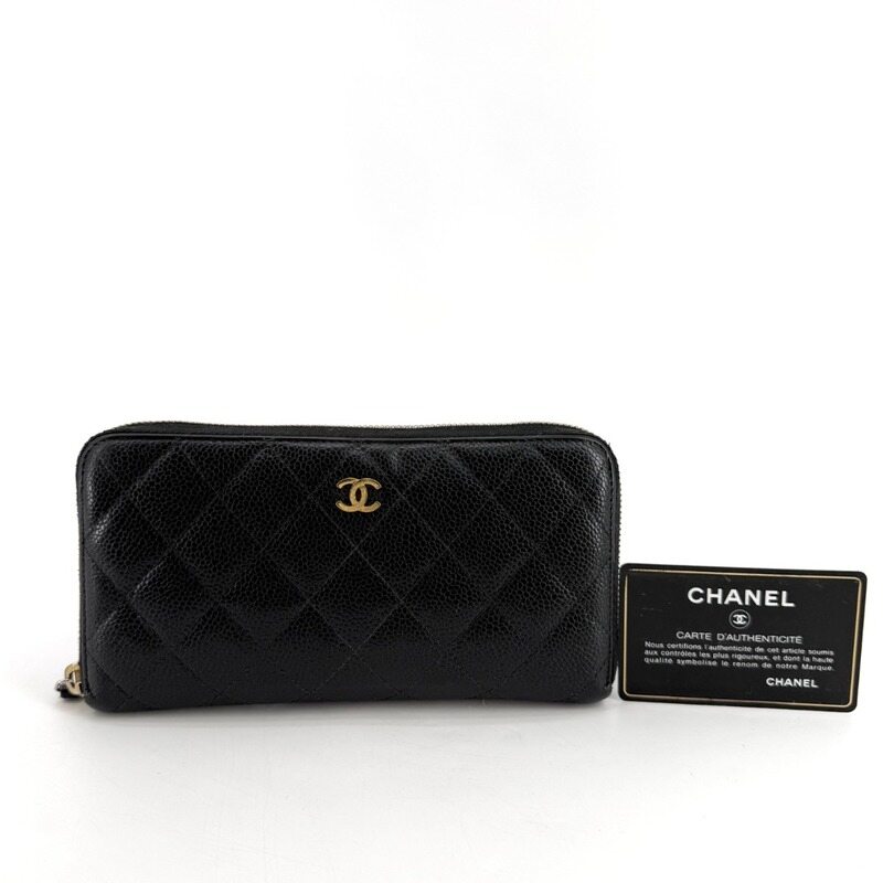 샤넬 캐비어 금장 지퍼 장지갑 - Chanel