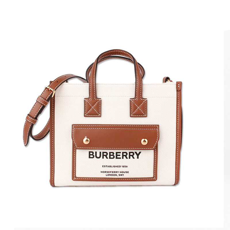 버버리 미니 투톤 캔버스 레더 프레야 토트백 내츄럴 탄 8044143 - Burberry