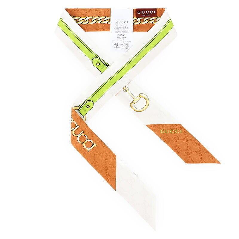 디몬트 구찌 여성 체인 호스빗 프린팅 실크 스카프(화이트/오렌지) 853203 3G009 9174 - Gucci