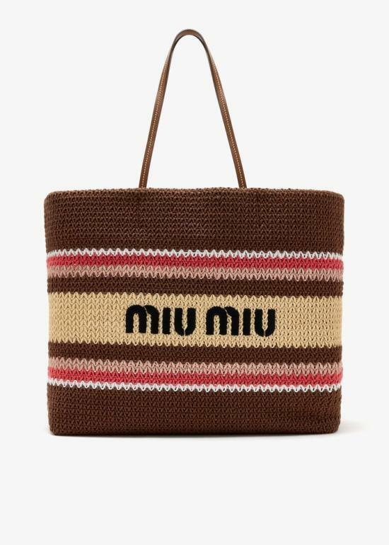 26SS 미우미우 라피아 우븐 토트백 5BG228 2DO3 F05CP TOBACCO STRAWBERRY NATURAL DOM - Miu Miu