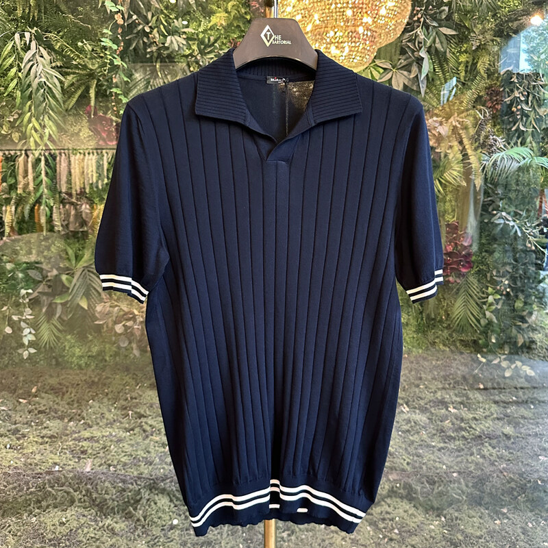 키톤 반팔카라티 리브드 브이카라 디테일 네이비 UMK0708 A0155004 - Kiton