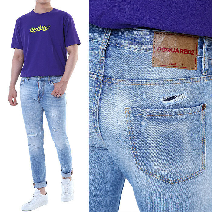 디스퀘어드 크래프트 로고패치 슈퍼 디스덧댐 연청 워싱진 (테디핏) - Dsquared2
