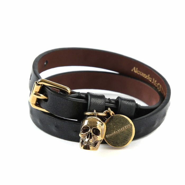알렉산더맥퀸 골드스컬 장식 더블 엠보스트랩 팔찌 (블랙)554466 CQE3G 1000 - Alexander McQueen