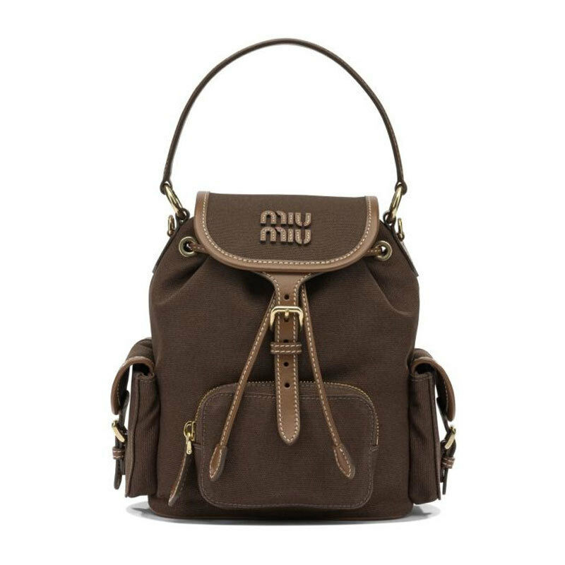 26FW 미우 미우 캔버스 앤 레더 백팩 코코아 브라운 브랜디 5BZ043 2IBQ F04KB - Miu Miu