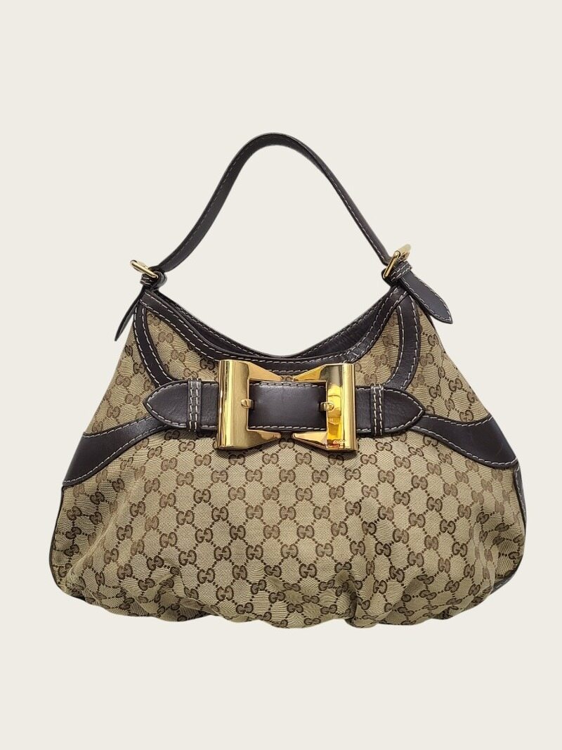 [중고명품/루이스잇] 구찌 GG 자카드 캔버스 금장 리본 퀸 호보백 - Gucci