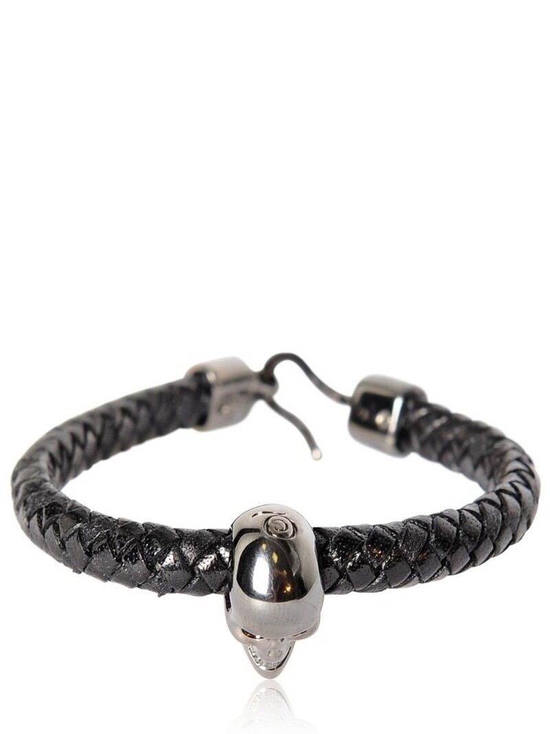 알렉산더 맥퀸 스컬 우븐 가죽 팔찌 블랙 블랙 - Alexander McQueen
