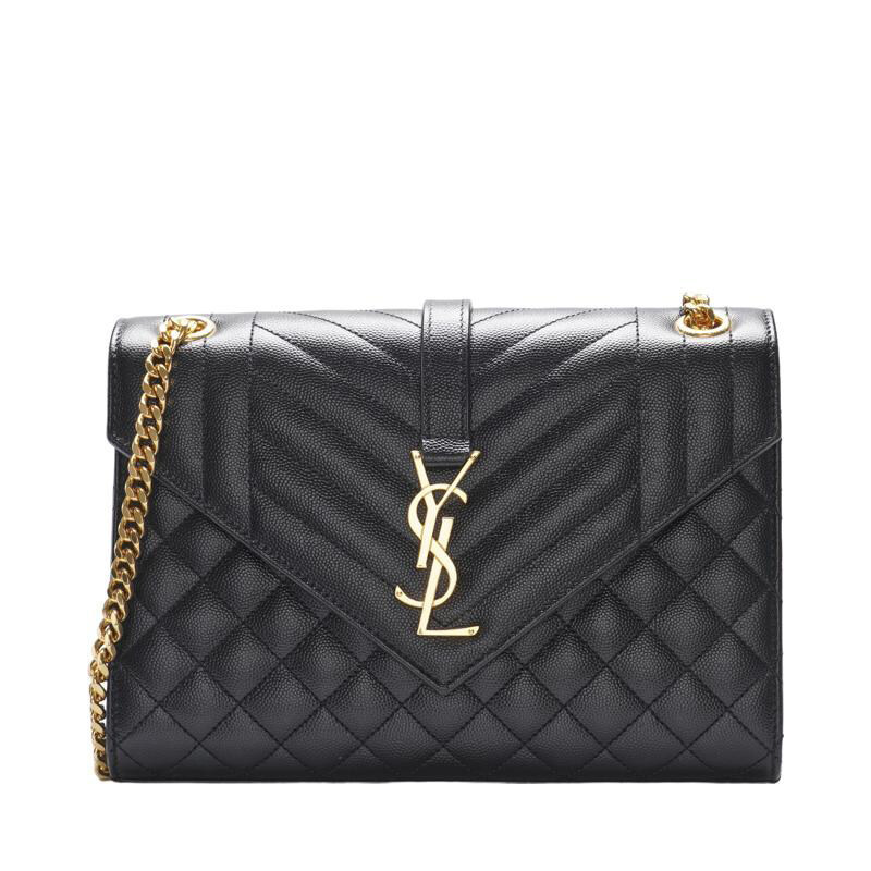블랙 카프스킨 엔벨로프 모노그램 금장 체인 미듐 숄더백  - Saint Laurent