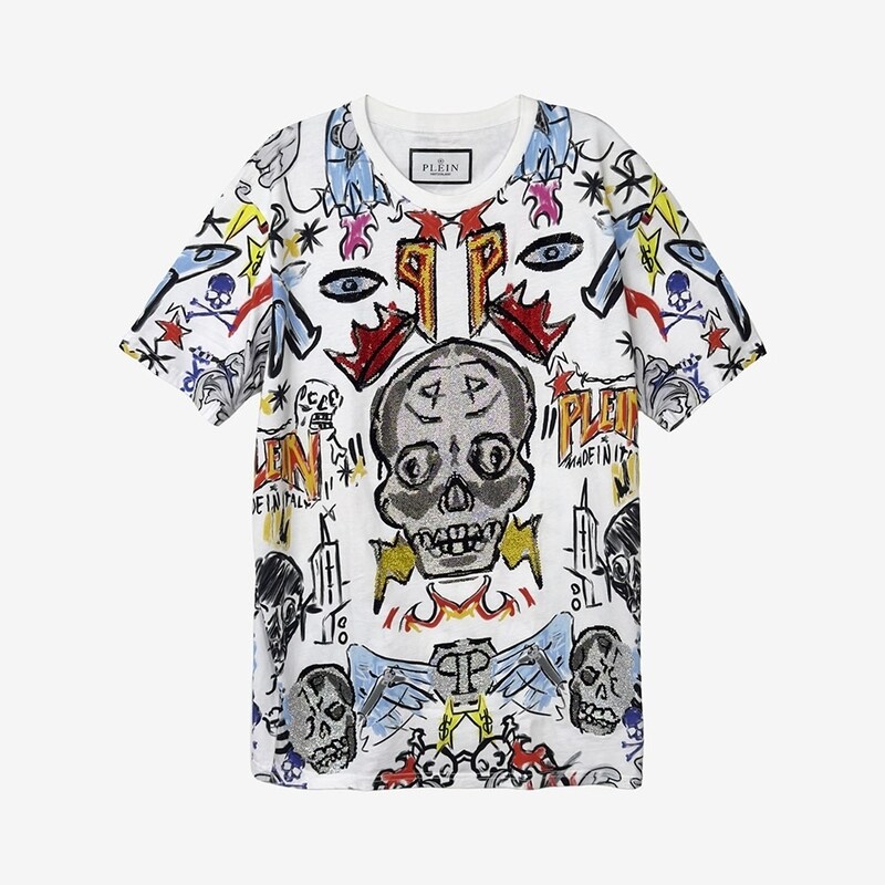 [어포드] 필립플레인 그래픽 크리스탈 라인스톤 스컬 티셔츠 M 사이즈 화이트 NN5BO7NO - Philipp Plein