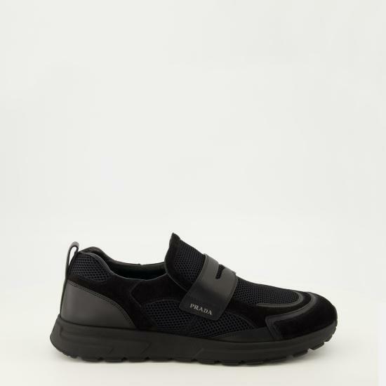 26FW 프라다 프랙스 메쉬 패브릭 및 가죽 하이브리드 로퍼 2DE163 3ZM0 F0002 BLACK DOM - Prada