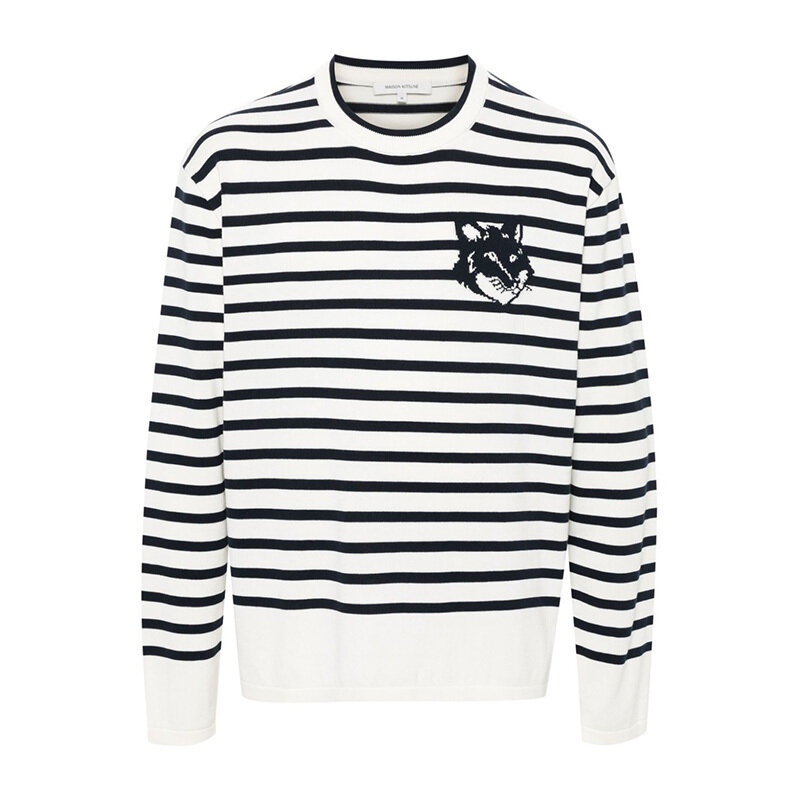 메종키츠네 폭스 헤드 스트라이프 니트 화이트 MM00803KT1102 S492 - Maison Kitsune