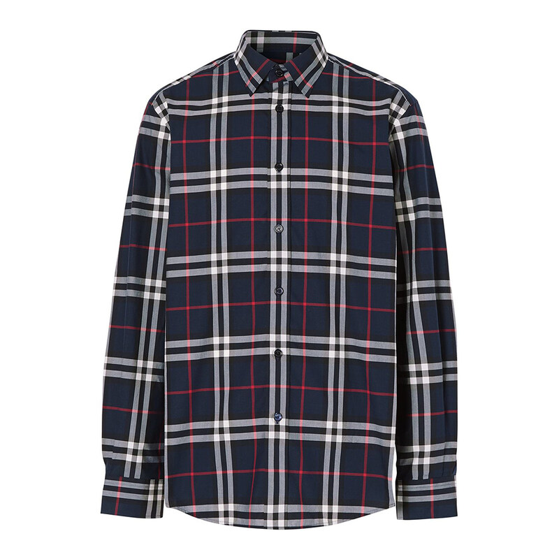 버버리 체크 코튼 포플린 셔츠 네이비 8020865 - Burberry