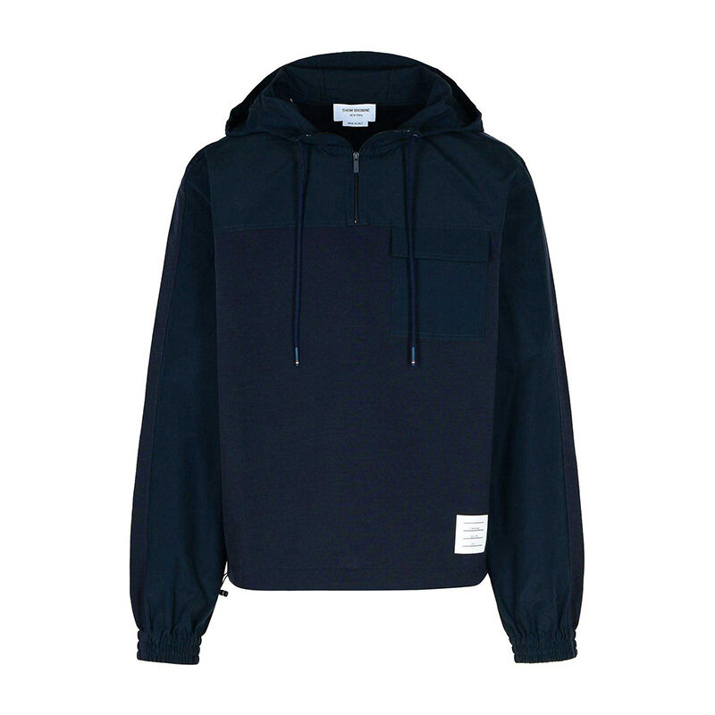 톰브라운 립스탑 하프 지퍼 후드 티셔츠 네이비 MJT498A 07651 415 - Thom Browne