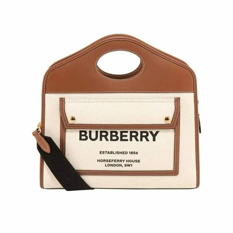 버버리 스몰 투톤 캔버스 앤 레더 포켓 토트 백 8036784 - Burberry