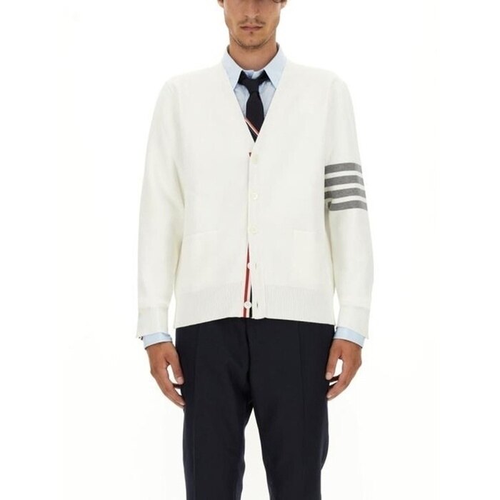톰브라운 코튼 밀라노 스티치 4바 브이넥 가디건 MKC171A 00219 100 - Thom Browne