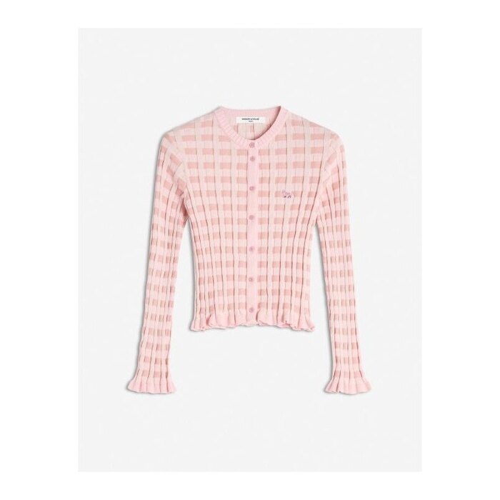 메종키츠네 베이비 폭스 패치 체크 리브 가디건 리 OW00503KT1120 0139 - Maison Kitsune