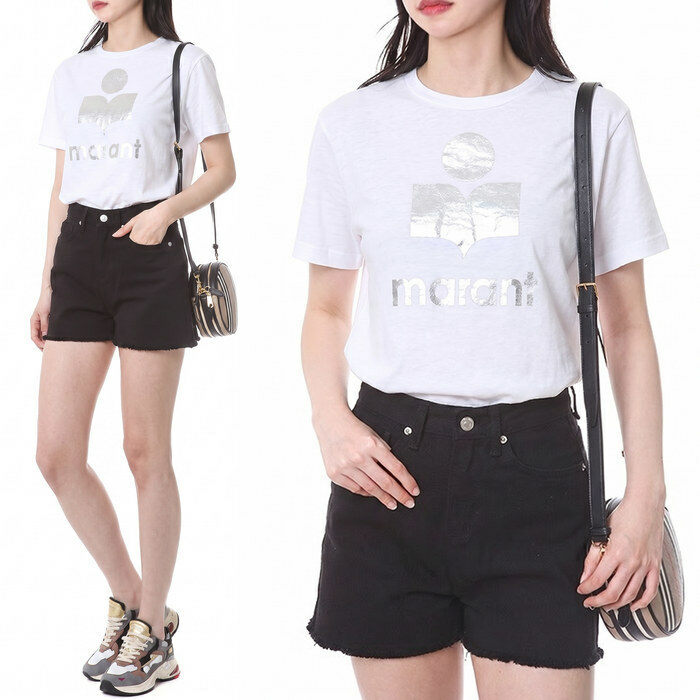 이자벨마랑 ZEWEL 메탈릭 로고 프린트 여성 린넨 라운드 티셔츠 (화이트) TS0001FB A1N10E 20WH - Isabel Marant