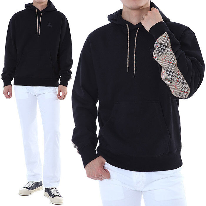 버버리 EKD 자수 클래식 체크 엘보 패치 코튼 후드 티셔츠 (블랙) 8119053 - Burberry
