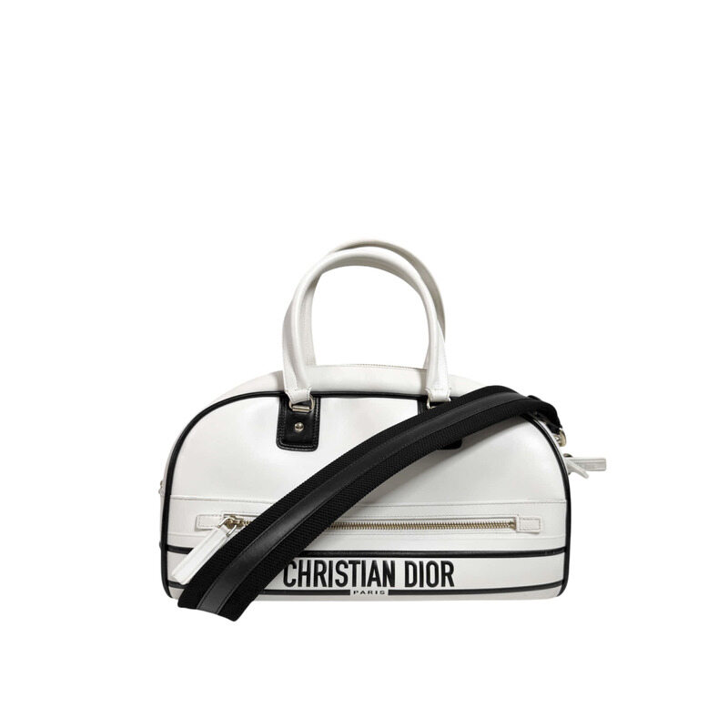 [중고명품비아르] [M] 디올 바이브 지퍼 레더 볼링백 토트백 숄더백 미디움 미듐 화이트 - Christian Dior