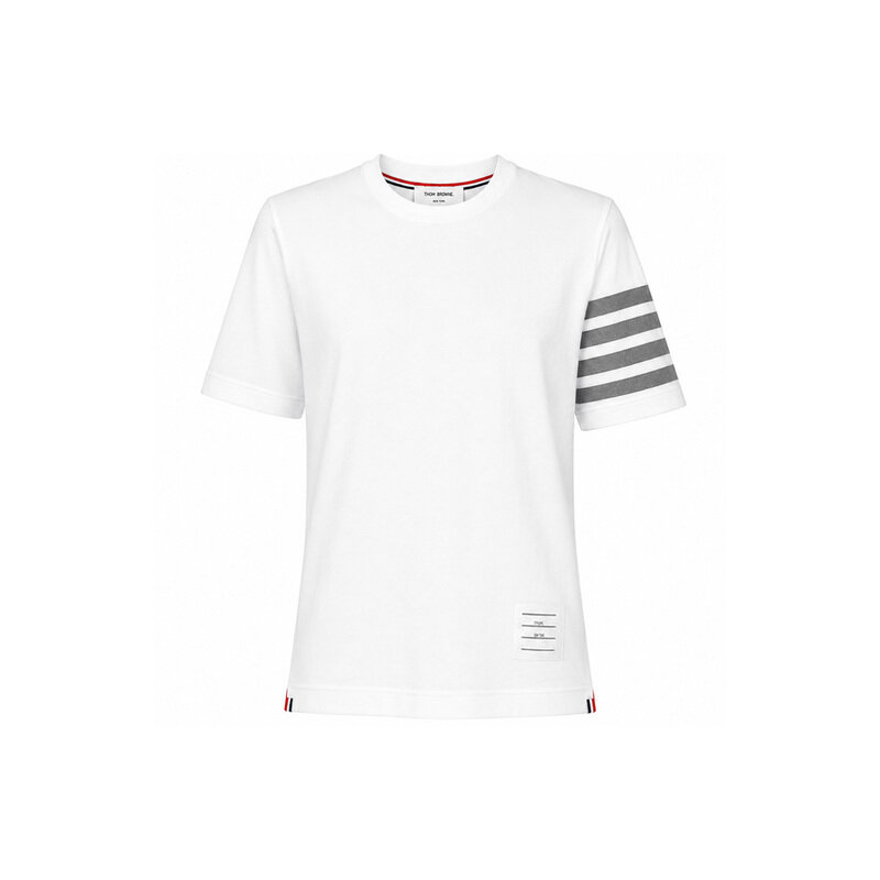 26FW 사선 완장 숏 슬리브 티셔츠 화이트 FJS102G 07862 100 - Thom Browne