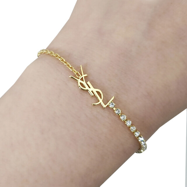 더팩토리 특별가상품 26SS 생로랑 YSL 로고 카산드라 라인스톤 참 체인 브레이슬릿 팔찌 / 크리스탈 골드 (712345 Y1526 8066) - Saint Laurent