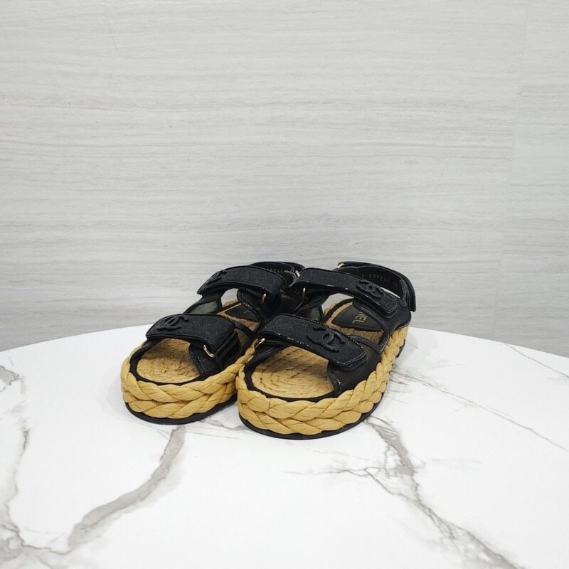 [럭스유] (새상품) 35 / 샤넬 CC로고 메쉬 벨크로 라피아 샌들 블랙 G38945 - Chanel