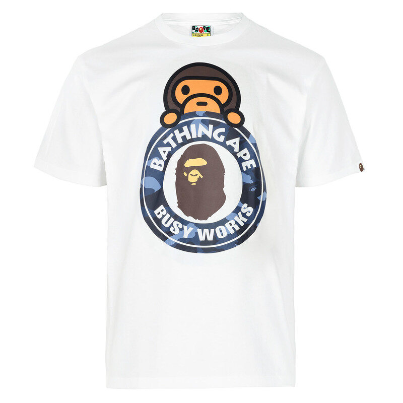 베이프 26SS 화이트 네이비 컬러 카모 마일로 온 비지 웍스 티셔츠 002TEM301007M WHITE NAVY - Bape