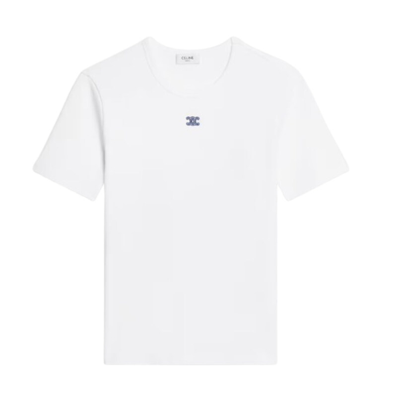 셀린느 트리옹프 리브드 코튼 티셔츠 화이트 여성 반팔 RX0M43O24 01MA - Maison Kitsune
