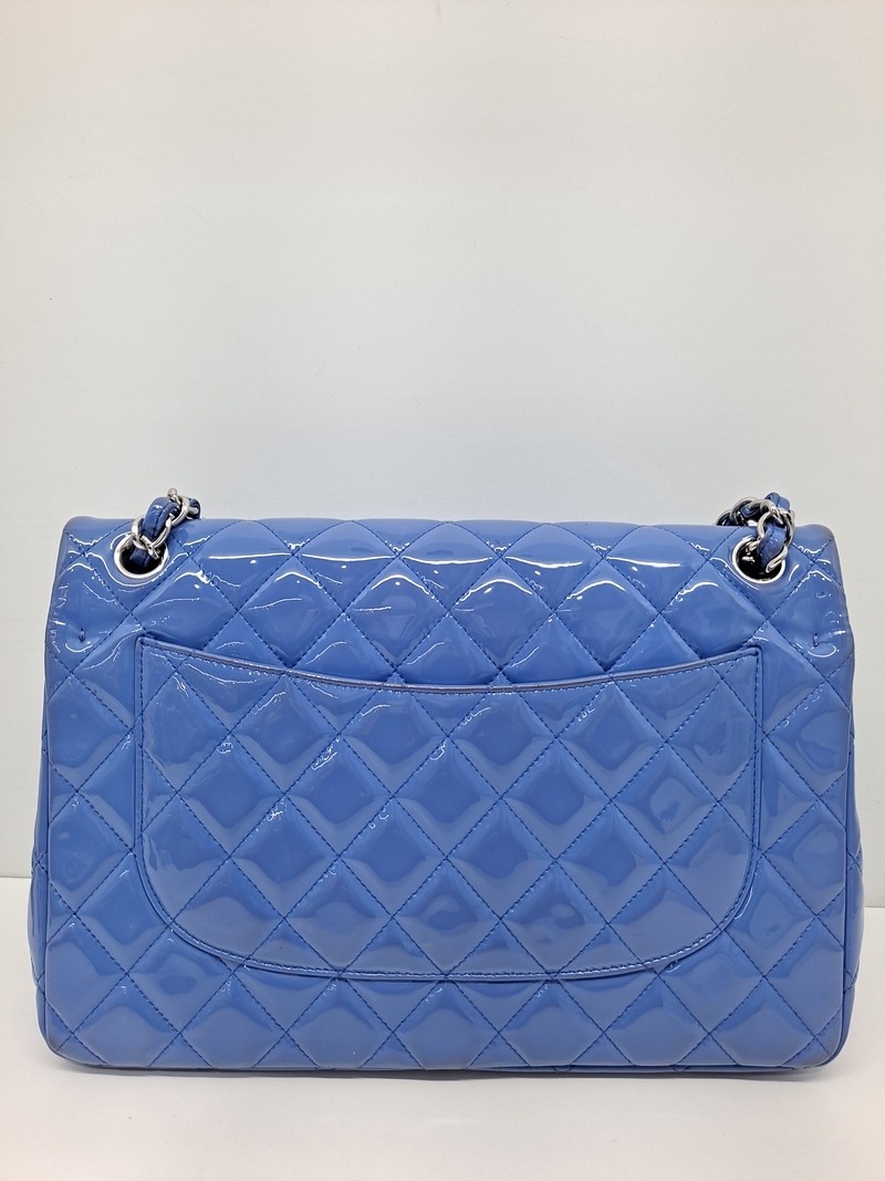 CHANEL Blue Patent Classic Flap Silver Chain Large Shoulder